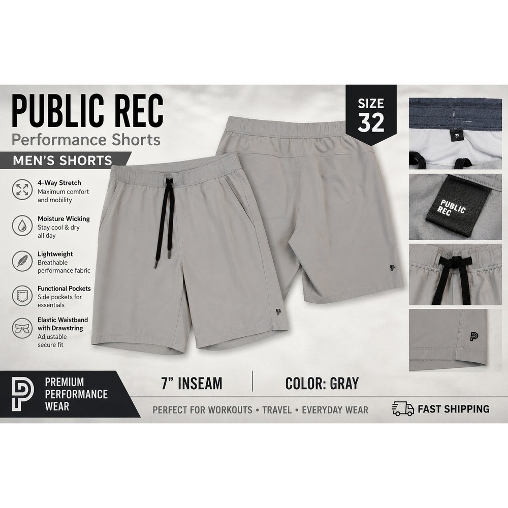 Public Rec Mens Gray Performance Shorts Size 32 7 Inch Inseam 4-Way Stretch
